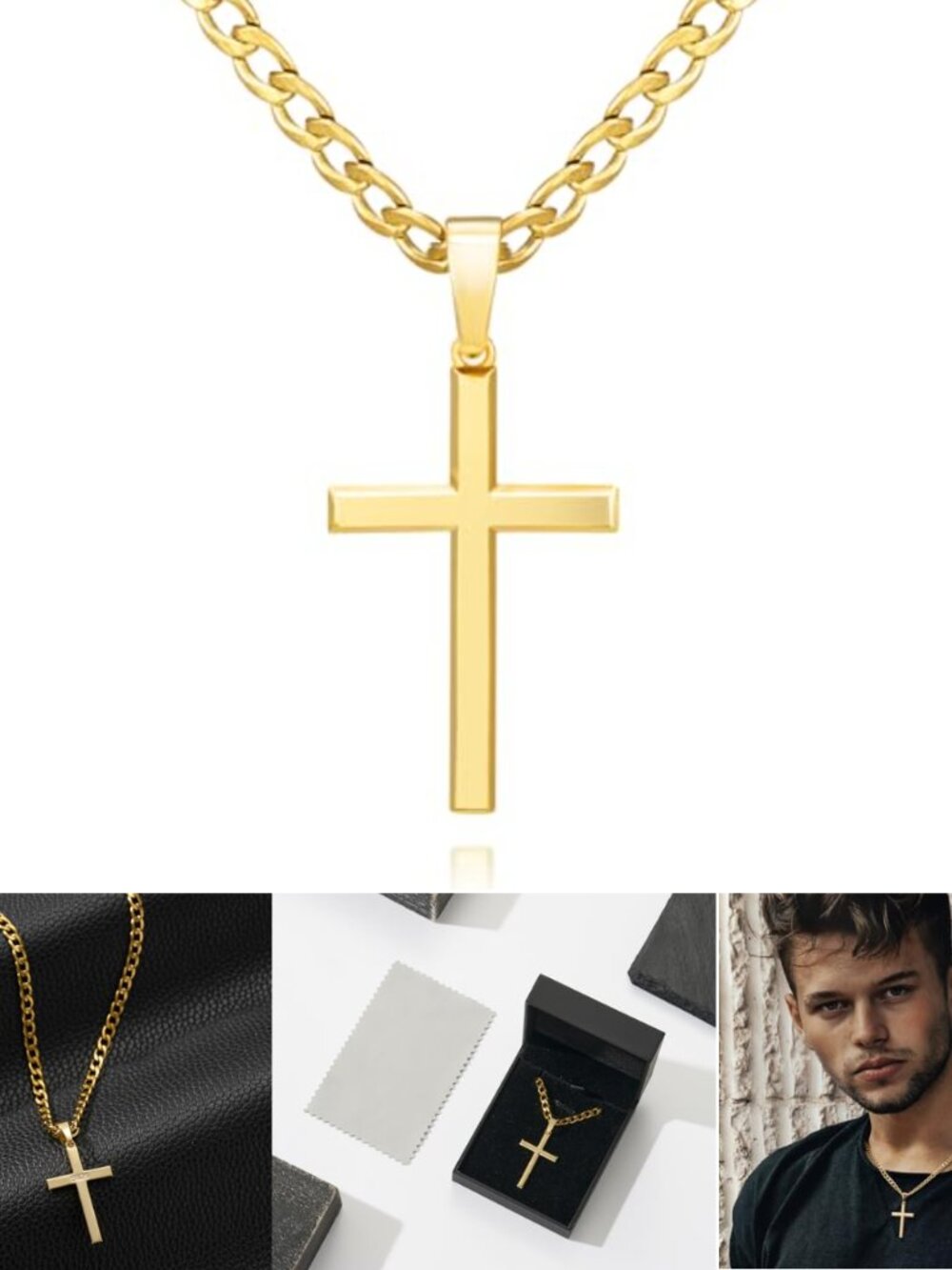 18K Gold Cross Necklace for Men, 925 Sterling Silver Pendant